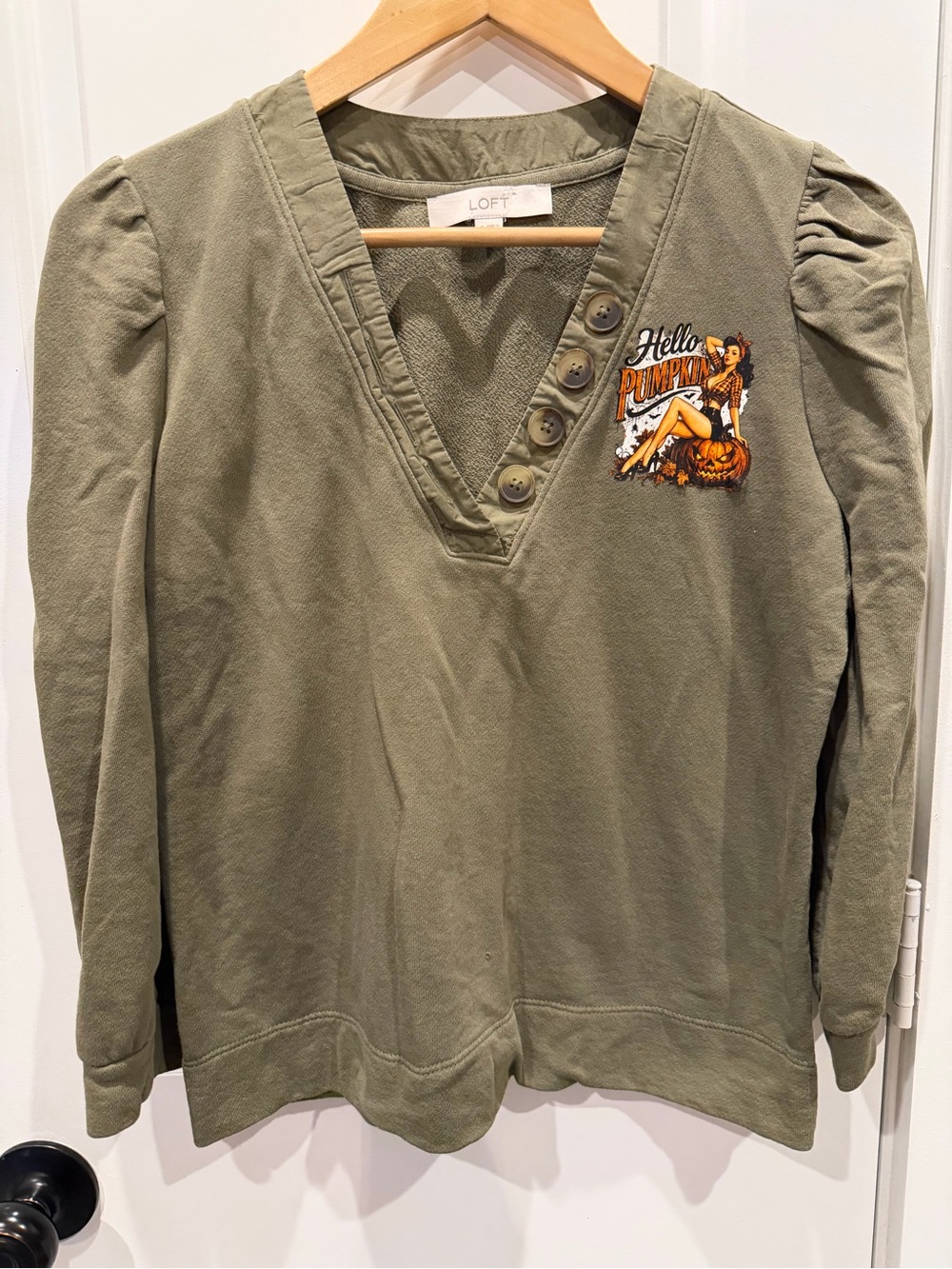 LOFT Olive Green V-Neck Sweater with Pumpkin Patch Upcycled Halloween Fall